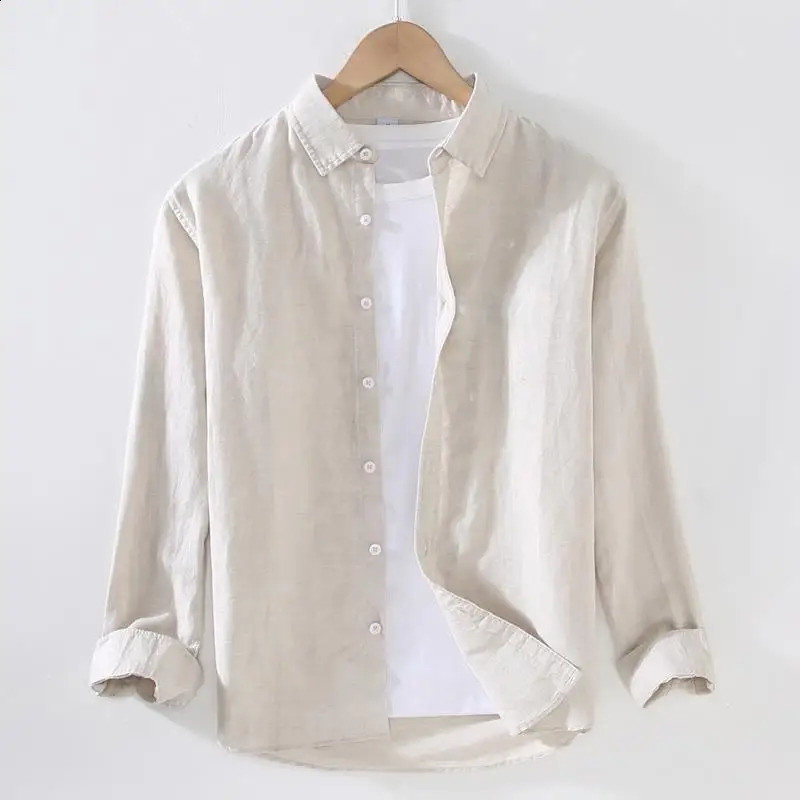 Linear Long-sleeved Mens Japanese Casual Loose Cotton Linen Shirt Spring and Summer Outfit Inch Shirt 250411