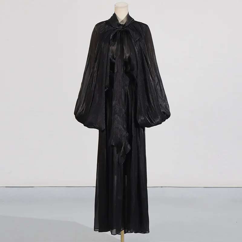 PREPOMP 2025 Spring New Arrival Stand Collar Long Batwing Sleeve Lace-Up Maxi Dress Women Gt275