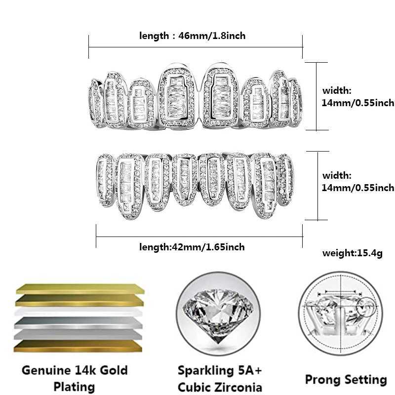 TOPGRILLZ Ice Sparkling Baguette Round Polyester CZ Tooth Matte 8 Top 8 Bottom Teeth Set Vampire Matte Mouth Jewelry W250412