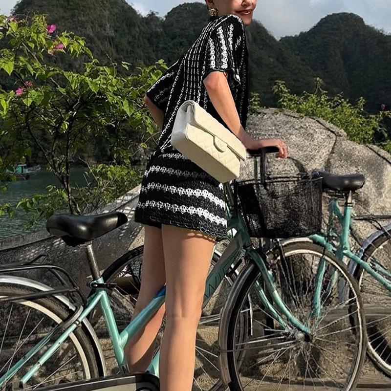 Country-Inspired Womens Festive Event Attire Stylish Autumnal Jumpsuits with Bold Stripes---NBL105 black and white