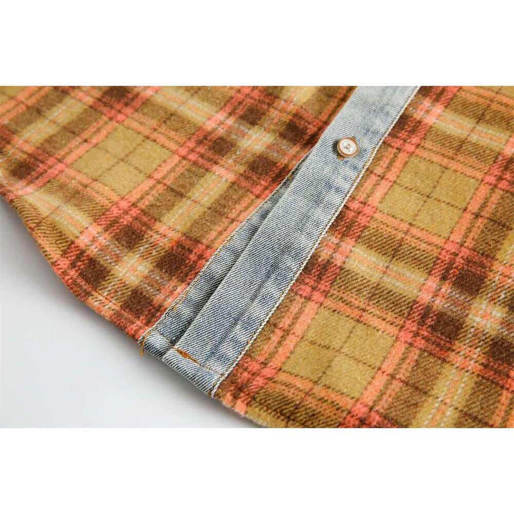 Denim Plaid Spliced Mens Washed Distressed Autumn High Street Lapel Pocket Single Breasted Long Sleeve Shirts