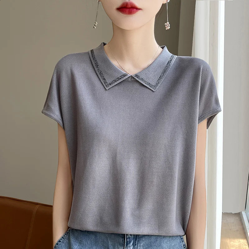 Summer Womens Lyocell POLO Lapel Short-sleeved T-shirt Breathable Loose Thin Top 250411