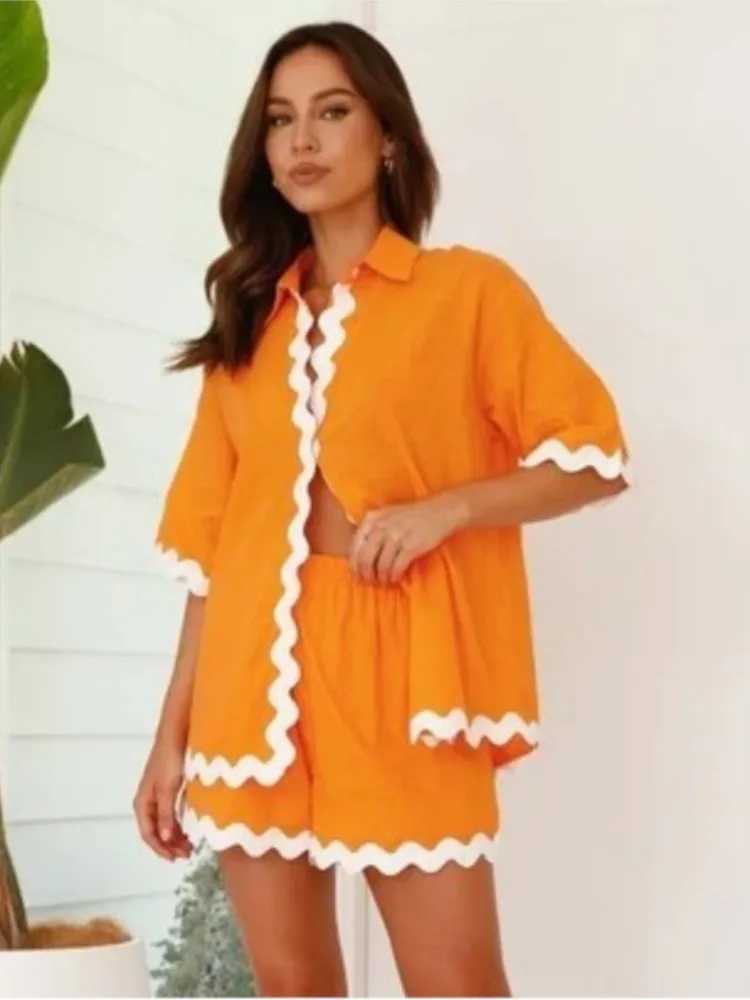 Simple and fashionable wave splicing solid color short sleeved two-piece set for womens casual summer short sleeved shirt setXJ250411