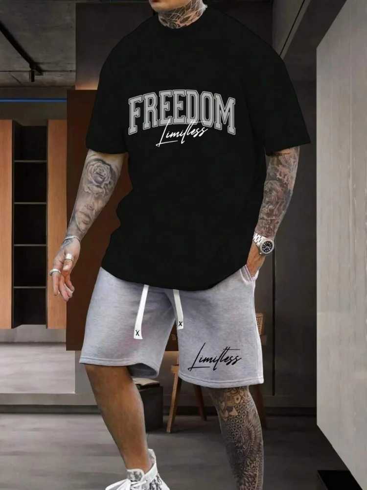 2-piece set of Los Angeles letter printed mens short sleeves and short sleeves set daily casual mens T-shirt street fashion sports short sleevesXJ2504