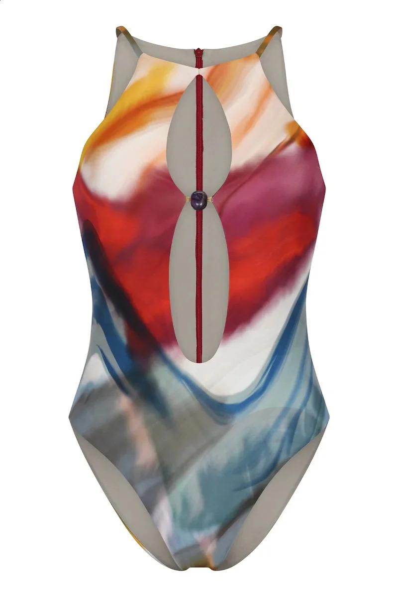 gradient printed one-piece swimsuit womens sexy hollow swimsuit tropical summer beachwear swimsuit zipper swimsuit 250408