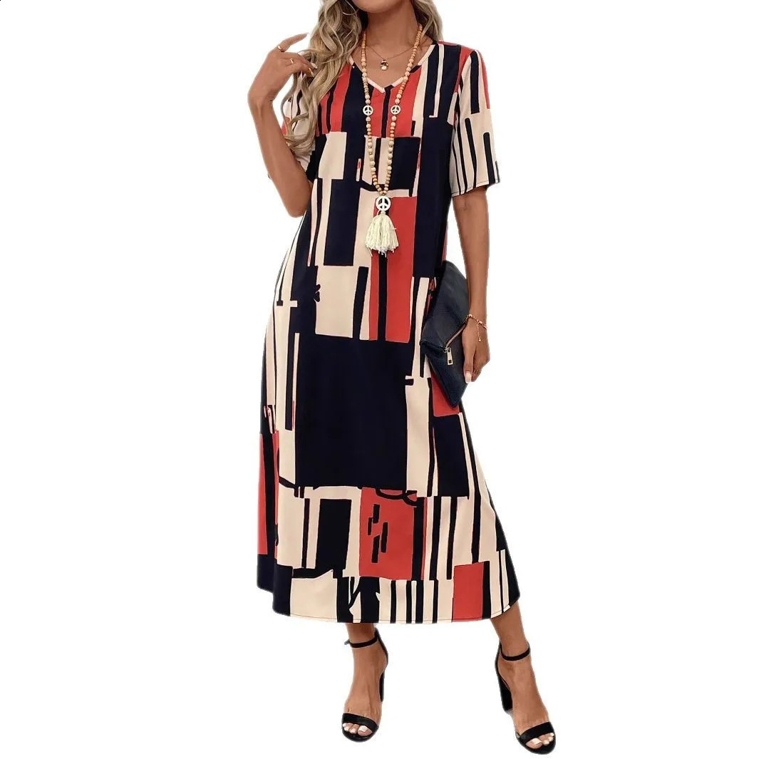 2025 Summer Womens Dress Print V-neck Short-sleeved Loose Long Dress Fashion Elegant Casual Loose Beach Party Dress Robe Femme 250411