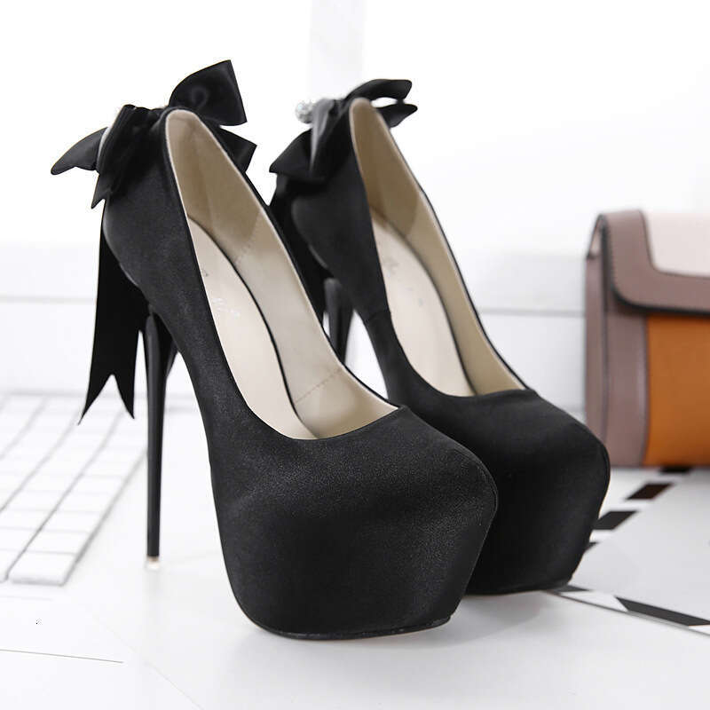 46 size women's shoes, 2025 Spring and Autumn new item, 16CM silk, large bow, rhinestone, high-heeled, slim follow-up shoes
