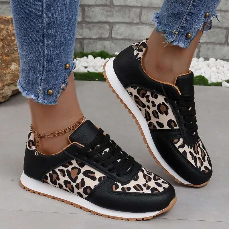 2025 casual leopard print women's designer fashion sports shoes with lace up women's thick soled sports shoes