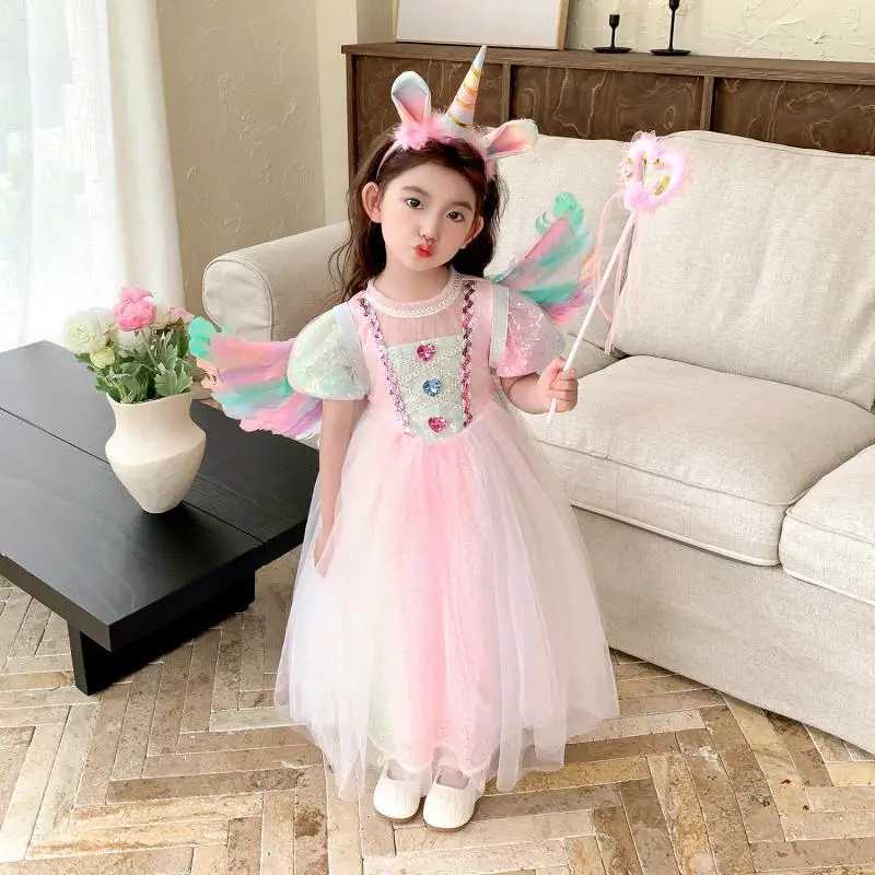Disney Girls new pearl gradient sequin colored gemstone mesh princess dress with bubble sleeves Halloween mermaid cosplay dressXJ250411