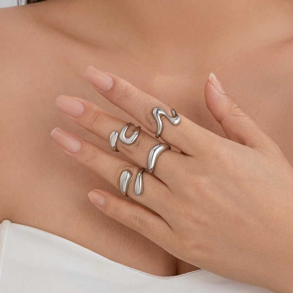4-piece/set fashionable silver irregular geometric opening ring suitable for women men punk metal adjustable knuckles joint rings jewelry giftsXJ25041