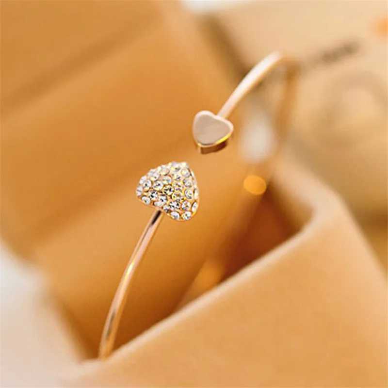 2019 Hot New Fashion Adjustable Crystal Double Heart Bow Bilezik Cuff Opening Bracelet For Women Jewelry Gift Mujer PulserasC250411