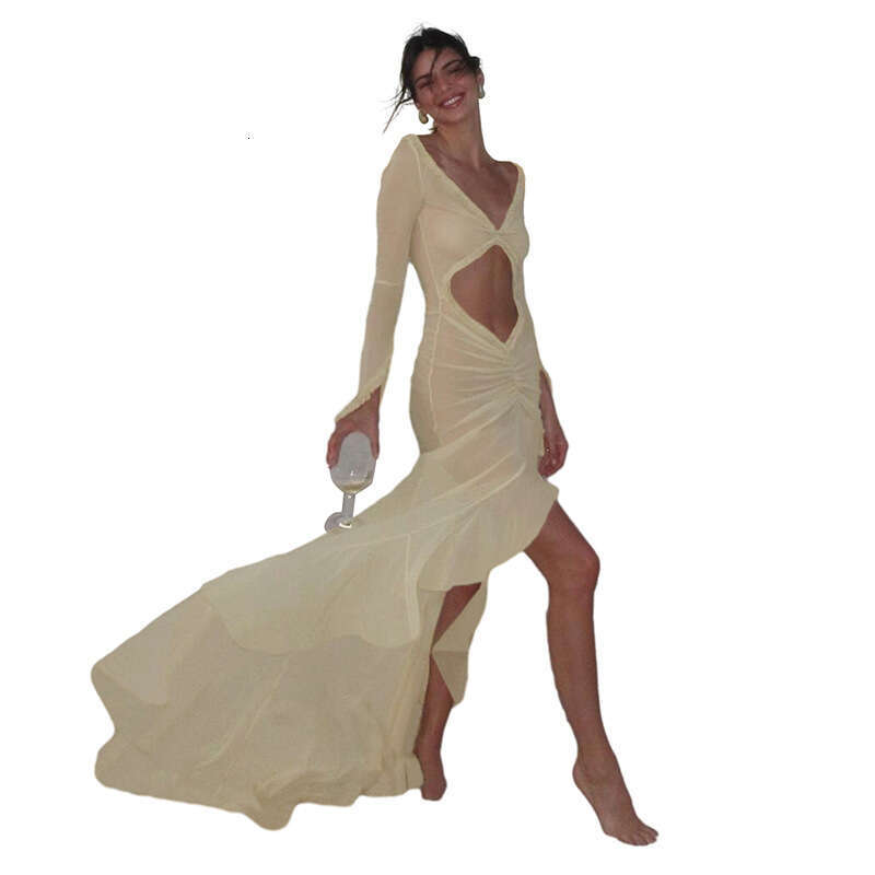Women's Wear Summer Women's Wear New Product V-Neck Perspective Sexy L Hollow Ruffle Lace Slim Fit Dress