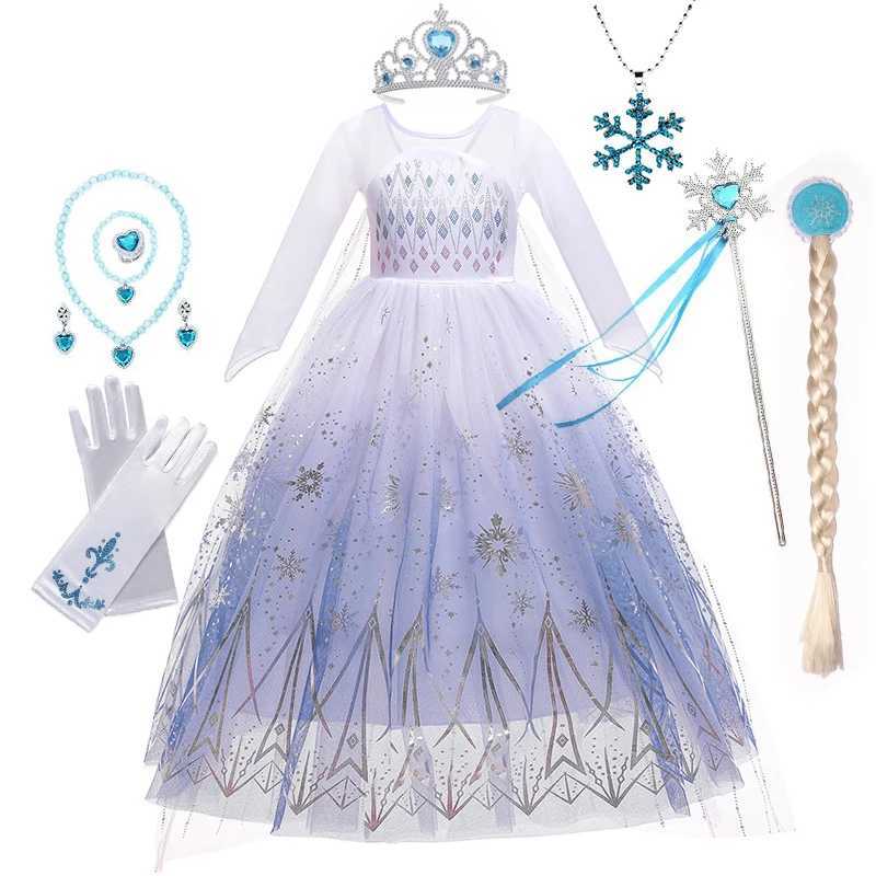 Disney Childrens Girl Role Play Elsa Grid Dress Snow Queen Elsa Princess Long Dress Halloween Party Carnival Dress 2-10Y Vestdos DressXJ250411