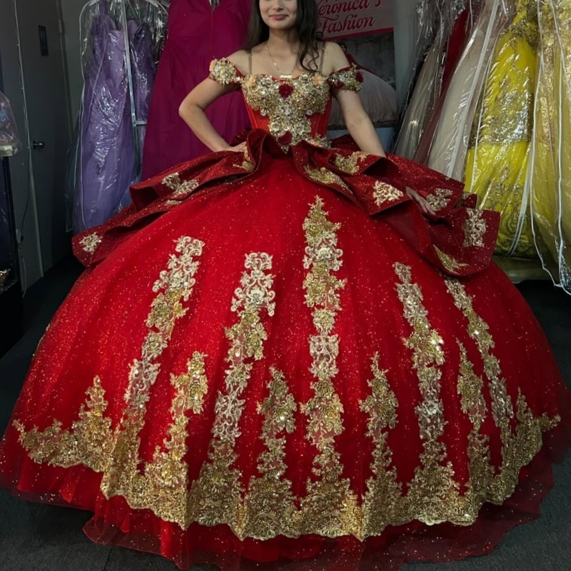Red Shiny Princess Quinceanera Dresses Off Shoulder Beads Gold Applique Lace Bow Tull Sweet 16 Dress Ball Gown Vestidos 15 Anos