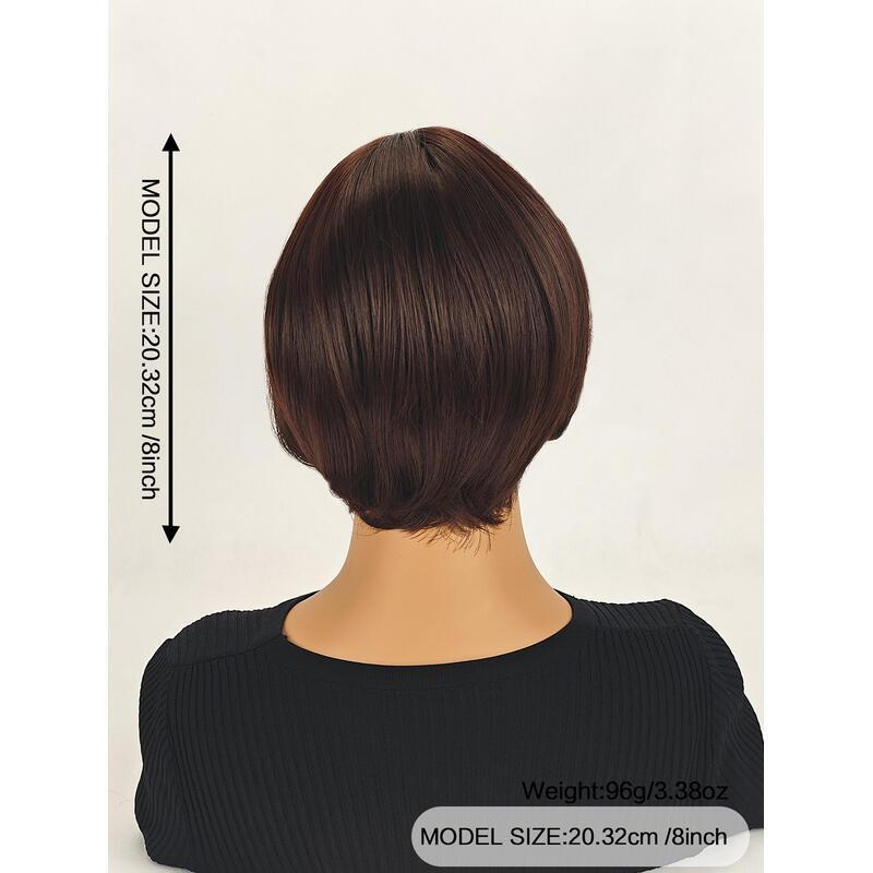 8 inch Straight Short Bob Hair Flat Bangs Cute Central Dot Skin Top Heat Resistant Synthetic Wigs (Coffee brown)