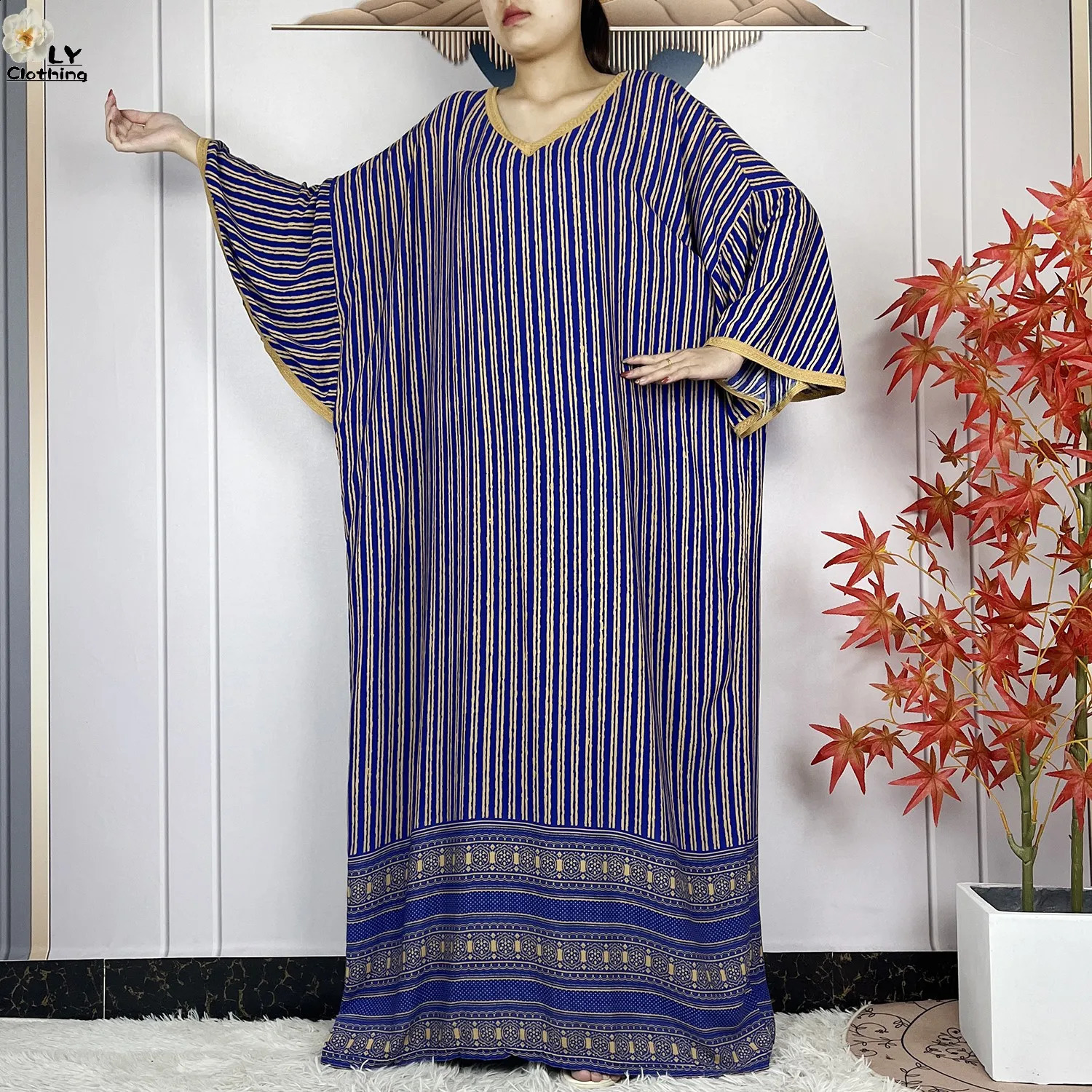 Dubai Muslim Set Cotton Dress Fashion Womens Loose Maxi Kaftan Stripe Printed African Islamic Clothing 250411