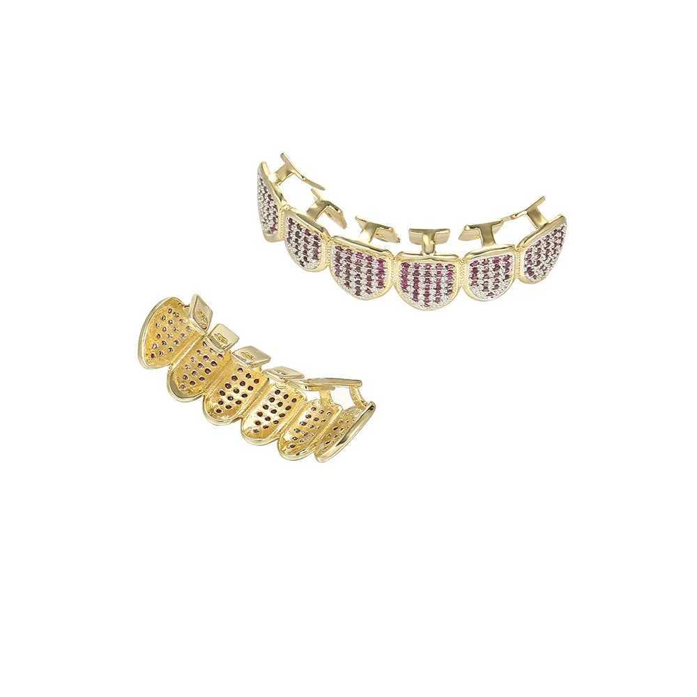 Hiphop Iced Out Rose Red 5A Zirconia Teeth Grillz for Neutral Rap Singer Mouth Gold Silver Cube Zirconia Teeth Grills 6/6 Top Bottom W250412