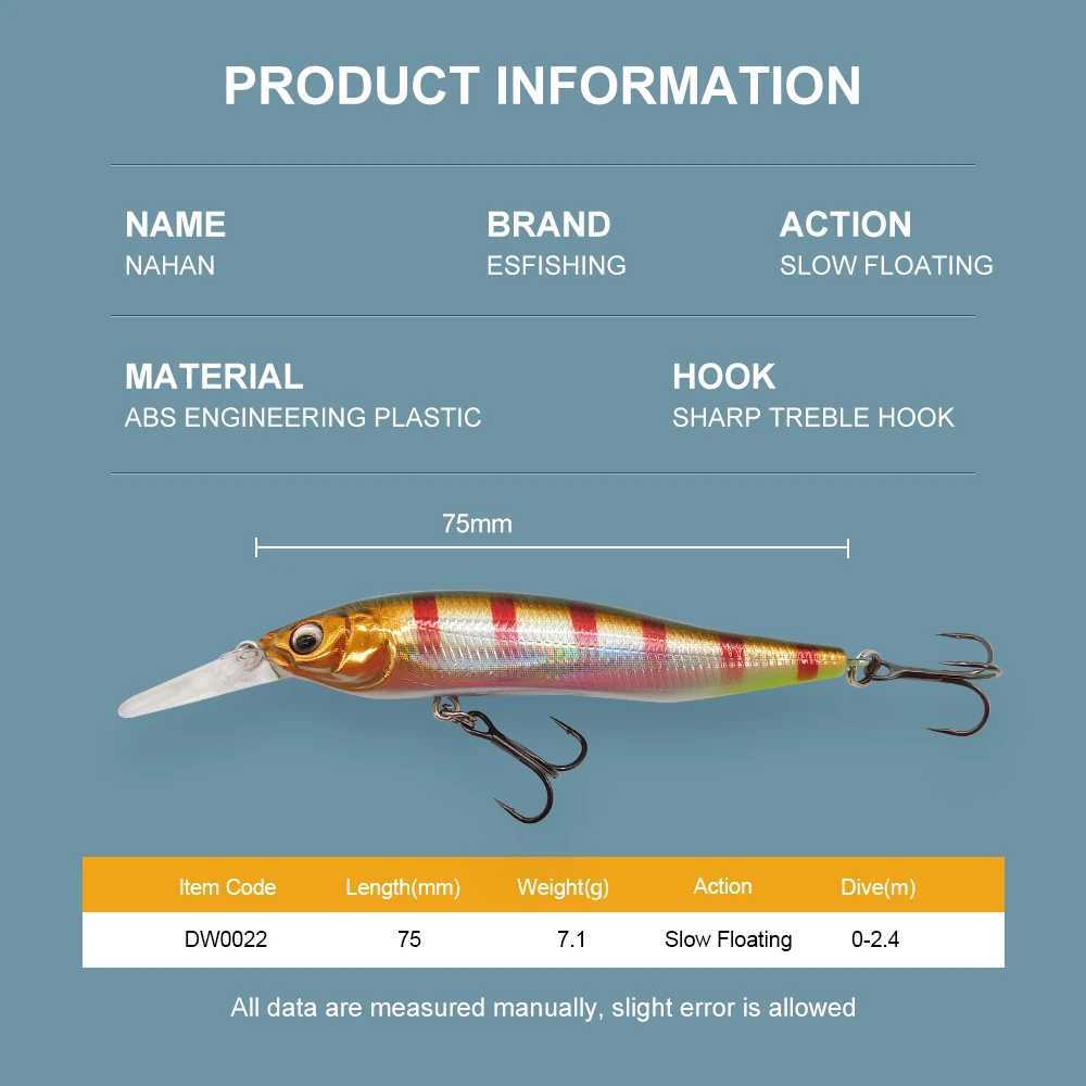 ESFISHING NEW Quality Wobble Hard Lure NAHAN 75mm 7.1g 0-2.4 dive Fishing Baits flow Floating Minnow Isca Artificial Z250411