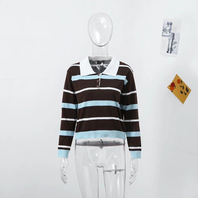 Fashion Stripe Knitted Polo Shirt for Women Casual Female Lapel Long Sleeve T-Shirt Spring Loose Lady Polo Collar Knitting Tops 250411
