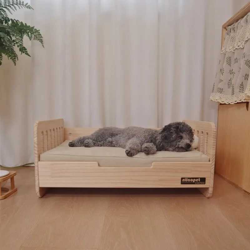 Solid wood pet cat and dog bed with mat scratch resistant canvas seasonal mat mini dog bed indoor pet furniture X250412