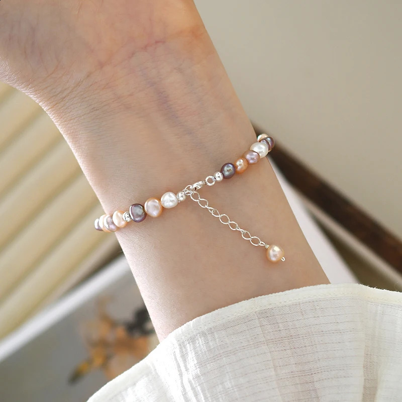 ASHIQI 5mm Natural Baroque Pearl Multi Color Bracelet 925 Pure Silver Jewelry 250409
