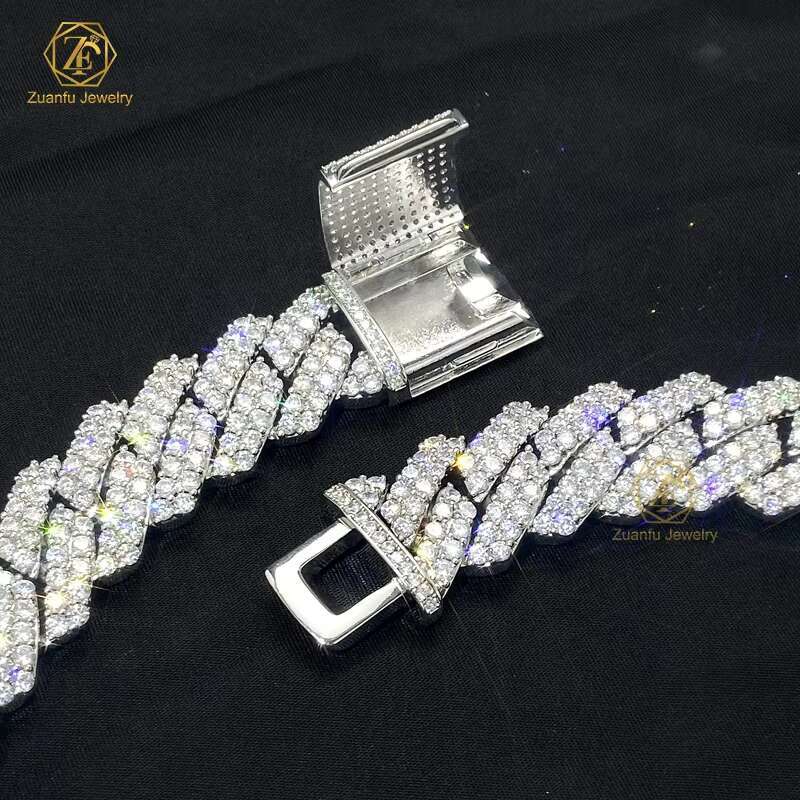 High Quality Hip Hop Jewelry 20mm 925 Sterling Silver VVS Moissanite Diamond 2 Rows Iced Out Cuban Link Chain Necklace for Men