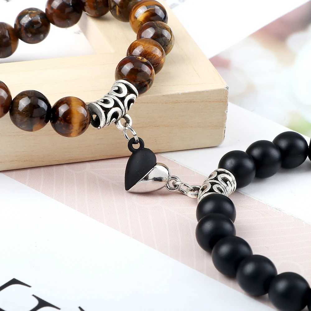 Hot Couple Yin Yang Bracelet Set Men 8mm Natural Stone Heart shape Magnet Love Braclet for Women Friendship Fashion Jewelry GiftC250411