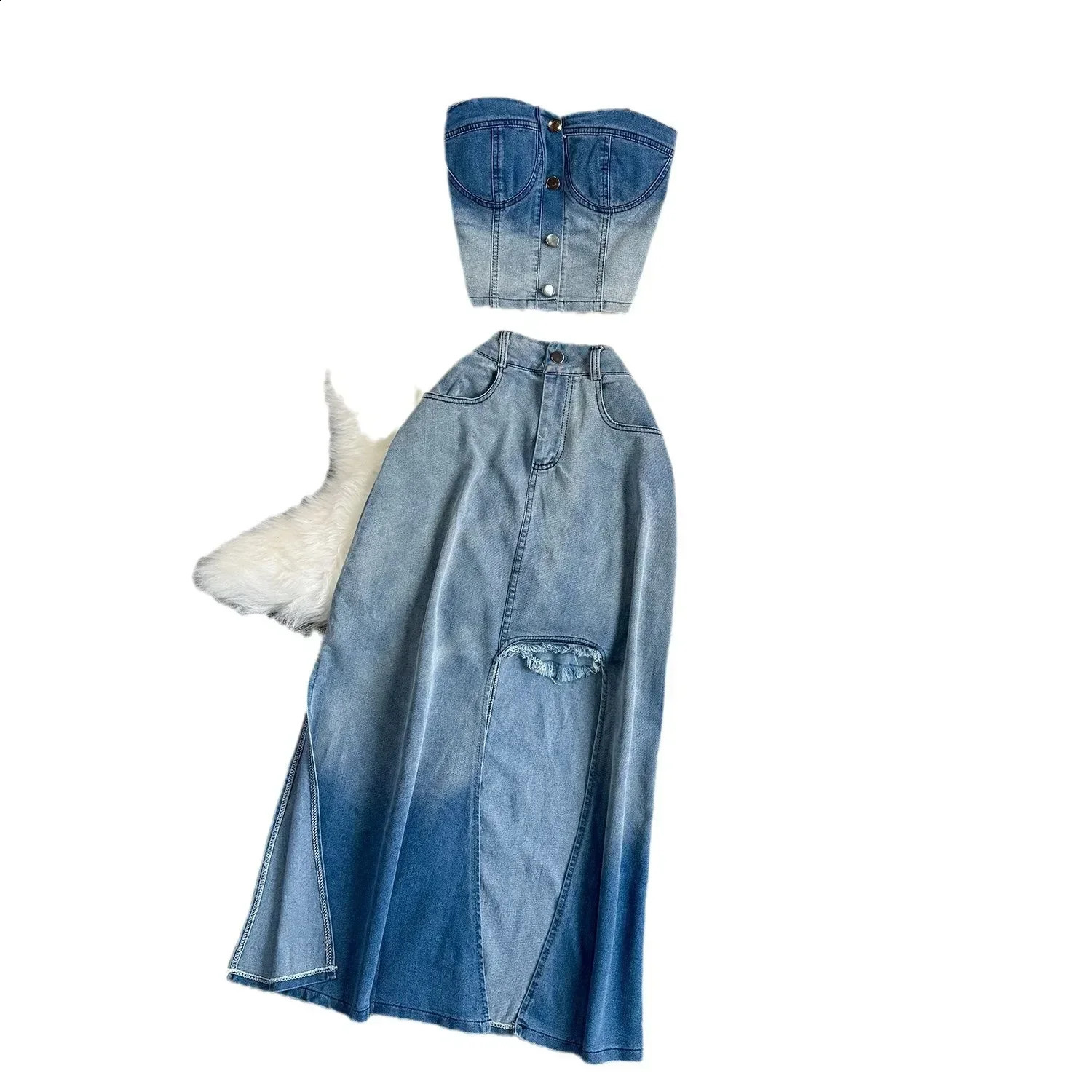 Women Denim Vest Skirt Crop Top Stets Two Pieces Sleeveless Denim Strapless Tops Slim Fit Sexy Sheath High Street Skirts Holes 250411
