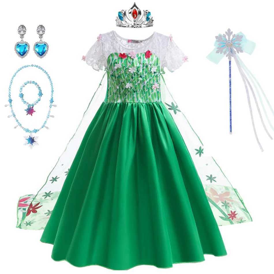 Disney Elsa Green Childrens Dress Girl Princess Dress Childrens Long Dress Flower Lace Ball Dress SummerXJ250411
