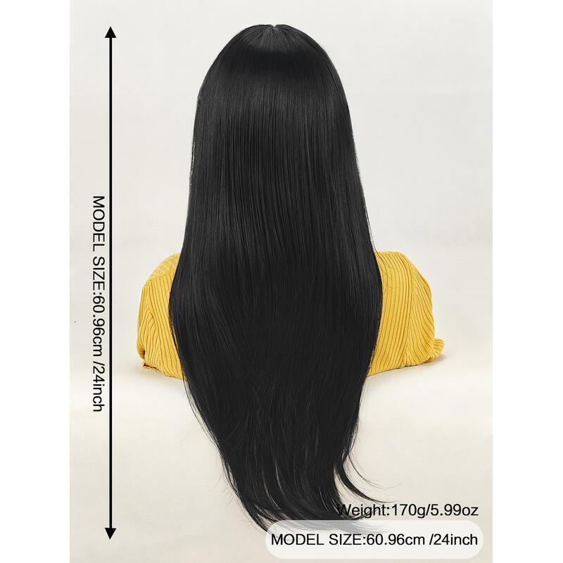 ENTRANCED STYLES Natural Women Long Straight with Bangs Black Hair Wigs Heat Resistant Synthetic Womens Wig for Daily Party Use 24 Inch