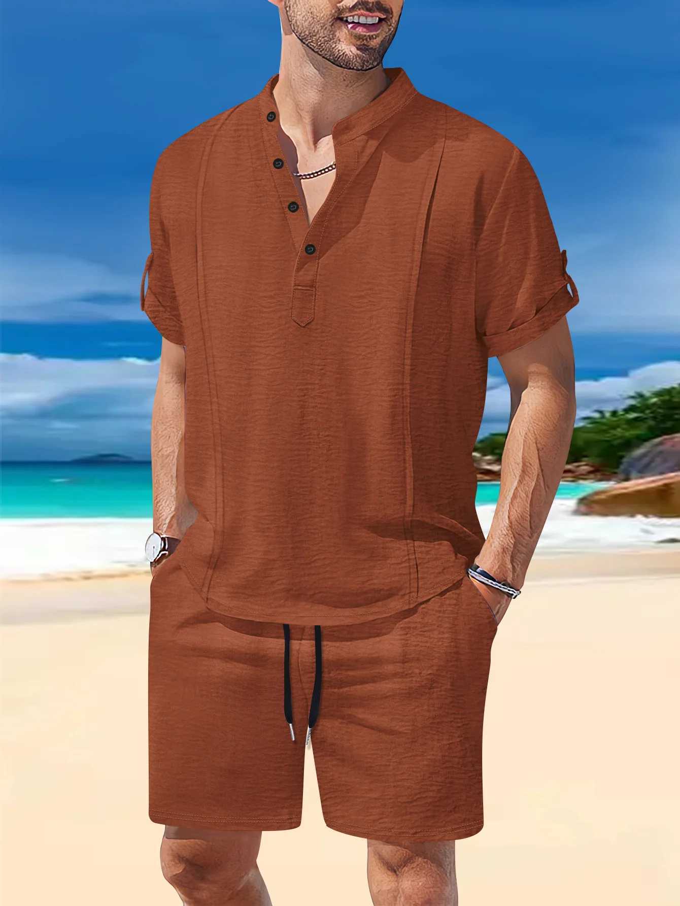 2025 Summer Mens Solid Color Henry Neck Short Sleeve Daily Leisure Outdoor Beach Style Brushed Shorts Two Piece SetXJ250412