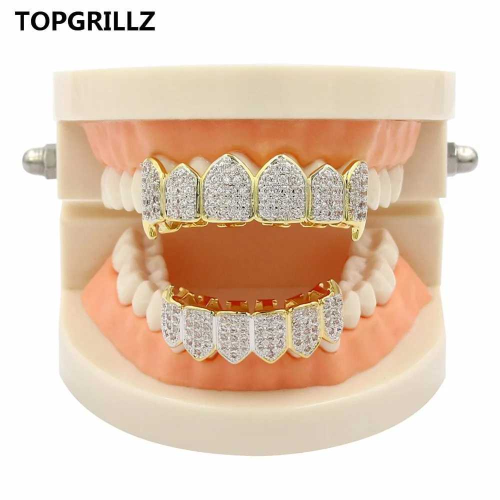 TOPGRILLZ Hip Hop Grill Iced Out AAA Zircon Square Teeth Grill Cover Top and Bottom Grill Set Mens Vampire Grill W250412
