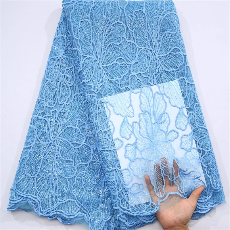 African Milk Silk Mesh Lace with Sequins 2025 French Net Lace Fabric Sewing Embroidered Lace Tulle Nigerian Women Wedding Dress 250407