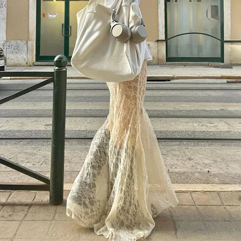Two Layer Lace Trumpet Mermaid Long Skirts For Women Vintage Elegant Fashion High Waist Skirt Holiday Outfits 250411