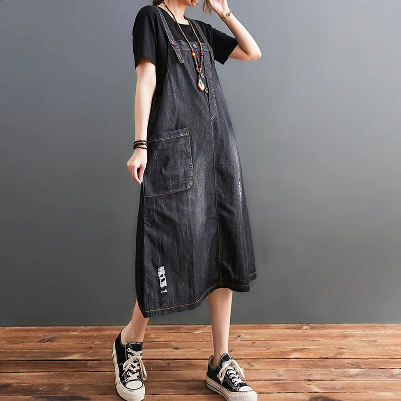 Wxw2110 Summer Black Full Set Cowboy Dress Large Pocket Loose Asymmetric Aline Midi Button Vestidos 250411