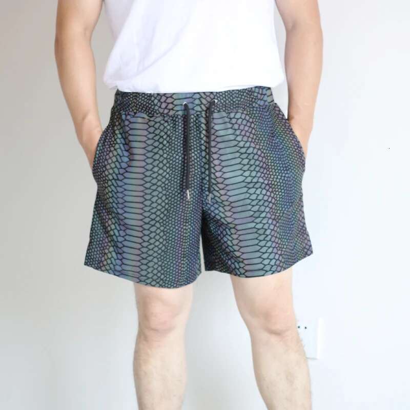 Summer Men 2025 Jogger Reflective Safety Trouser Snakeskin Print Drawstring Elastic Waist Cycg Gym Shorts With Pockets