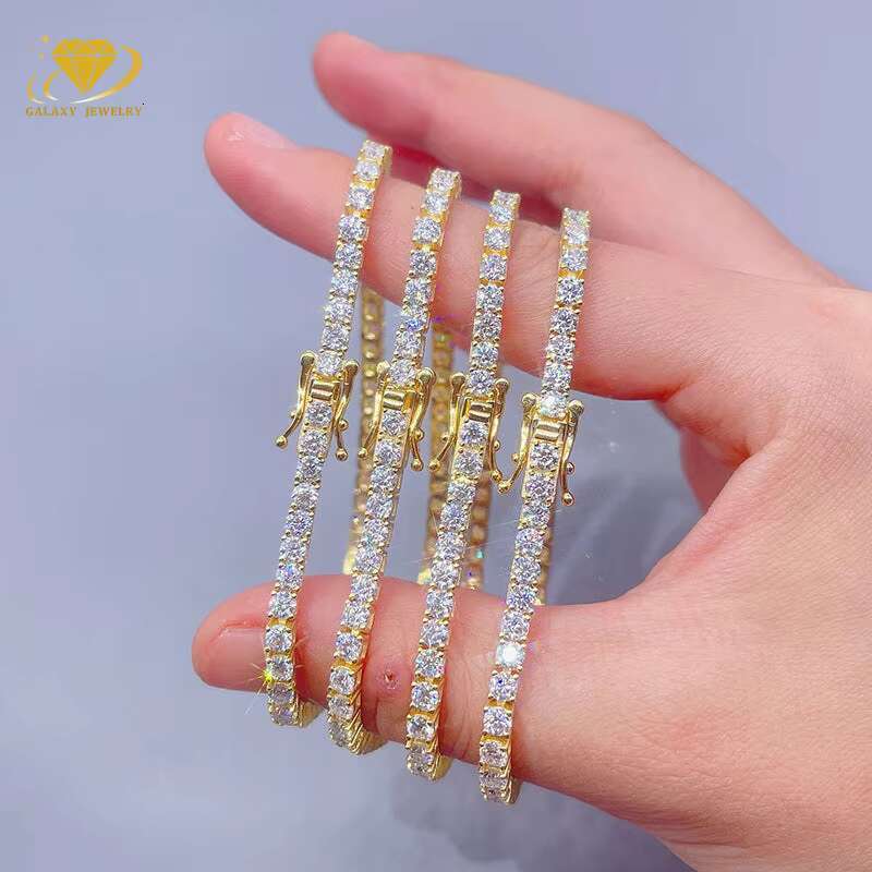 GRA Certificate Hip Hop Jewelry 925 Sterling Silver Gold Plated Iced Out Moissanite Diamond Bracelet 3mm Moissanite Tennis Chain
