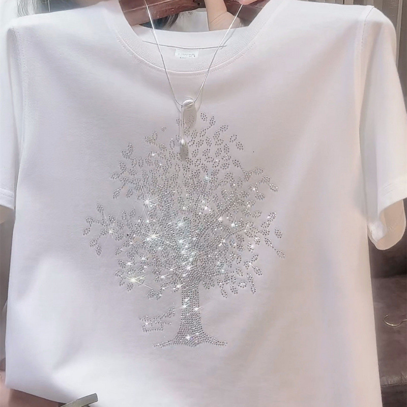 Designer's high-end women's T-shirt 2025 summer heavy industry diamond hot stamping versatile short sleeved shirt regular slimming round nec