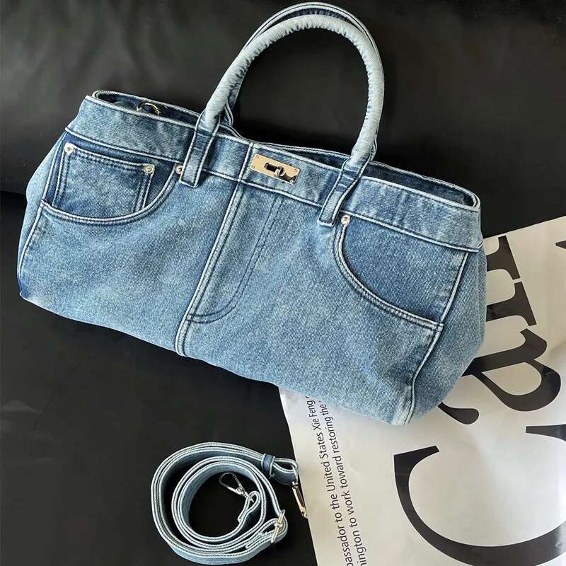 Niche Women's Design Trend Retro Distressed Denim & PU Tote New Large Capacity Simple Fashion Portable Shoulder Bag