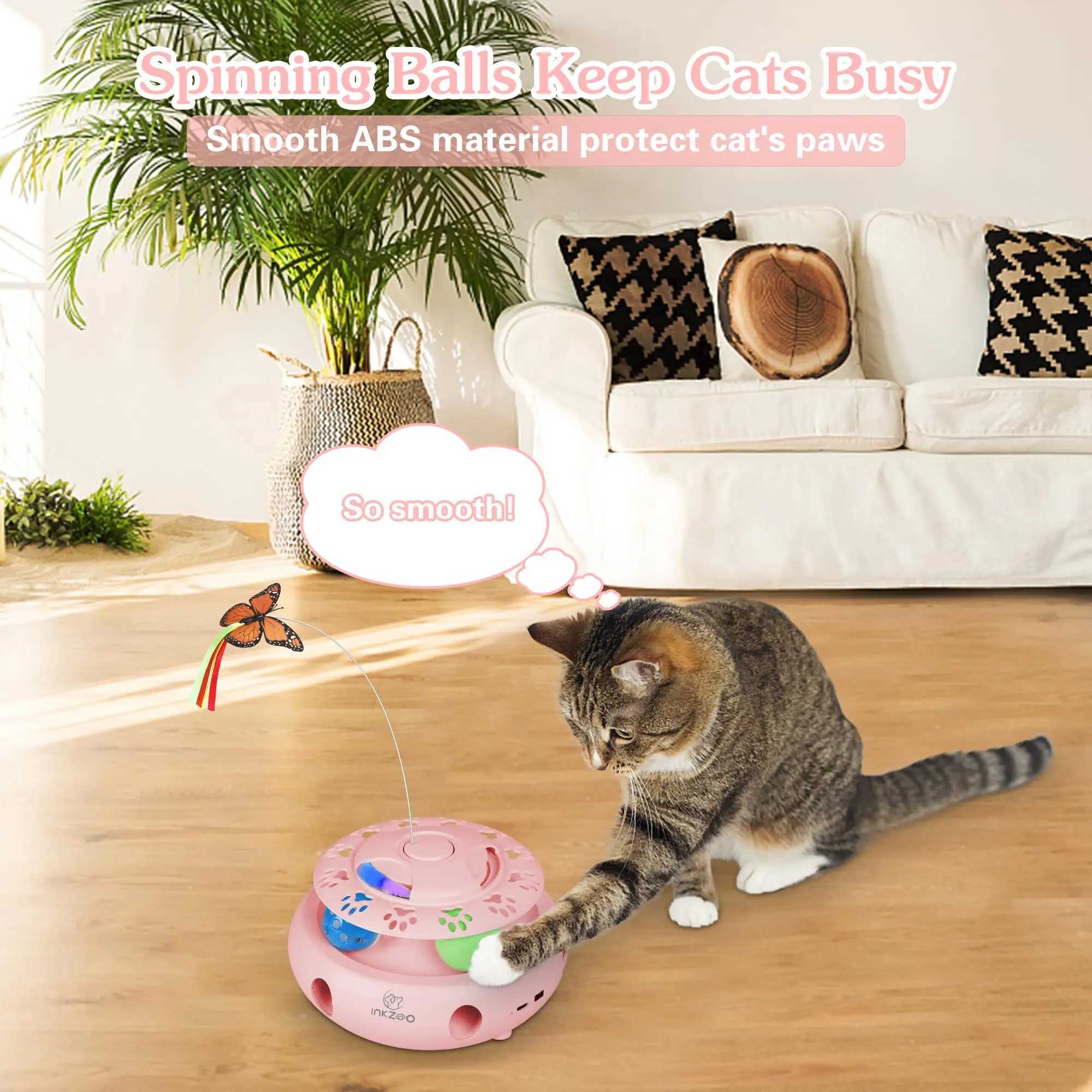 INKZOO 4-in-1 interactive cat toy suitable for indoor cats automatic 6-hole mouse impact on moles vibrating butterflies trackballs USB Y250412