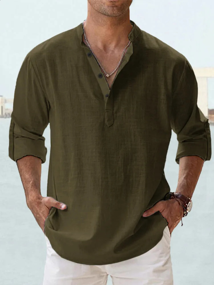 2025 Mens Cotton Linen Shirt Long Sleeve Stand Collar Casual Black White Top Street Casual Big Size Shirts Blouses 250411
