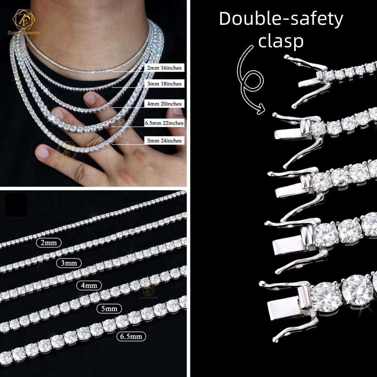 Hip Hop Jewelry 2.0mm-6.5mm Pass Diamond Tester Large Stock VVS Moissanite Diamond 925 Silver Iced Out Tennis Chain Necklaces