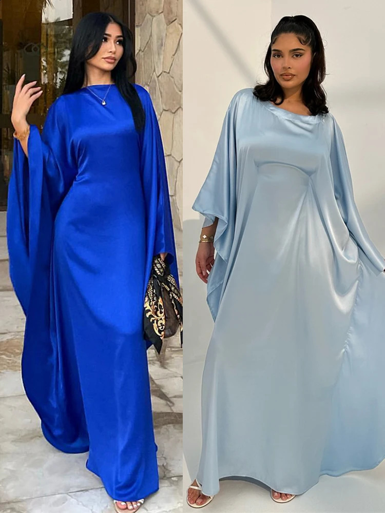 Eid al Fitr Shining Batwing Satin Dubai y Muslim Abaya Women Maxi Kaftan Dress Islamic Clothing Moroccan 250411