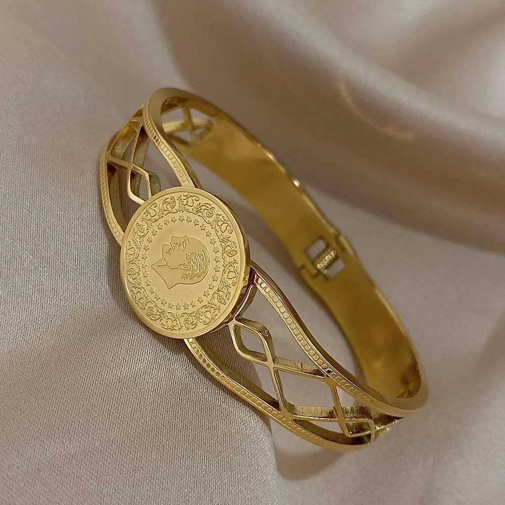 Vintage Coin Gold Plated Stainless Steel Bracelets Irregular Hollow Geometric Wide Cuff Bangle Bracelet Waterproof JewelryC250411