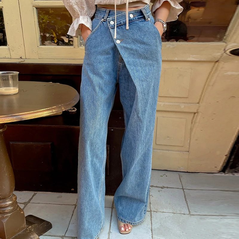 High Waist Wide Leg Jeans Womens Autumn Vintage Chic Asymmetrical Bule Long Pants Versatile Faionable Deep Color Z260313