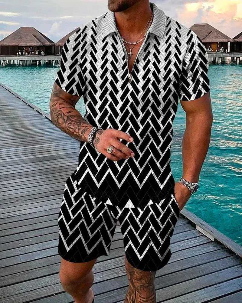 Summer luxury pattern 3D printed mens sportswear set casual zipper polo shirt and shorts 2-piece set fashionable streetwear mens clothingXJ250412