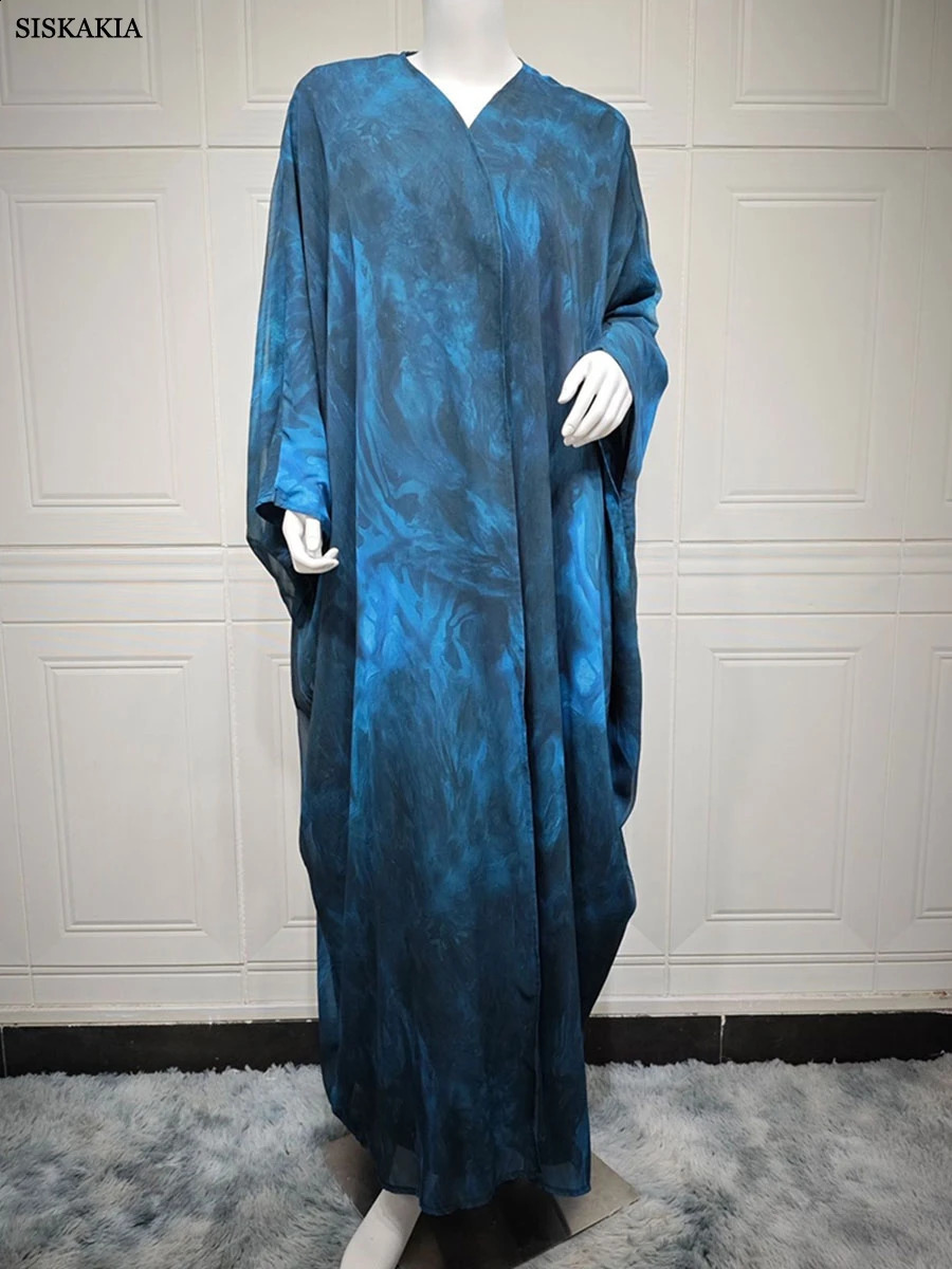 Siskakia Eid Mubarak Clothing Dubai Fashion Tie Dye Long Abaya Muslim Women Bat Sleeve Dress 250411