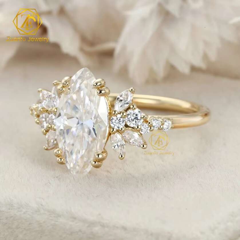 GRA Certificated 14K 18K Gold 2CT Halo Marquise VVS Moissanite Diamond Ring Custom Women Fine Engagement Wedding Rings