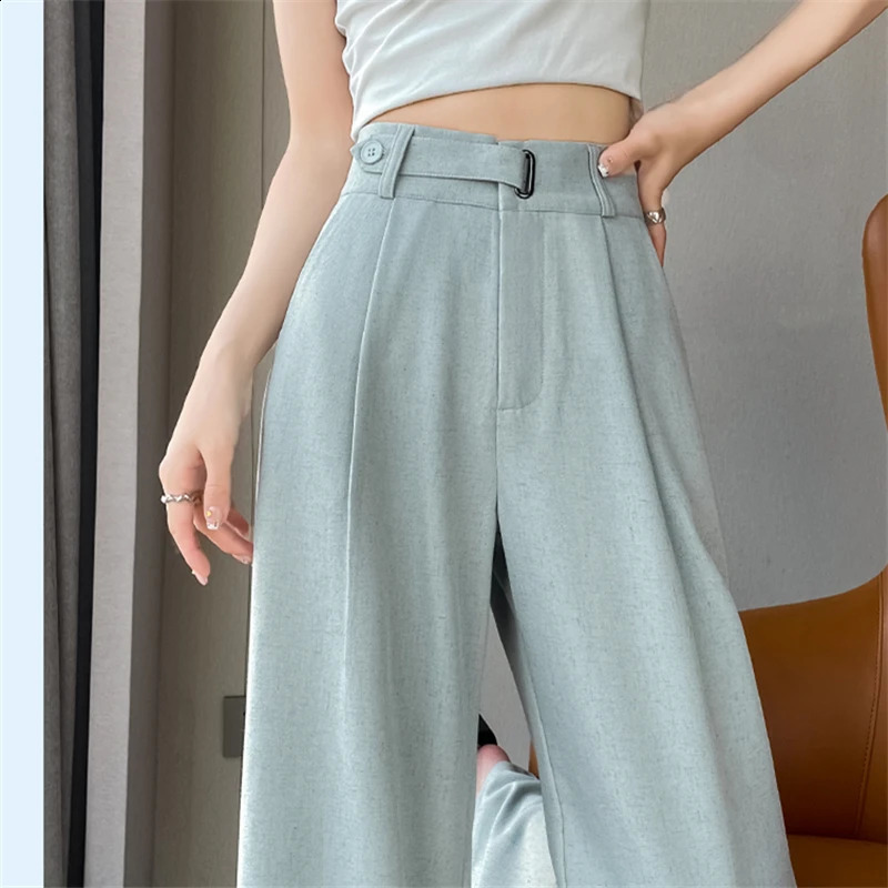 High Waist Cotton Linen Suit Wide Leg Womens Full Pants Summer Female Elegant Minimalism Straight Loose Trousers Autumn 250411