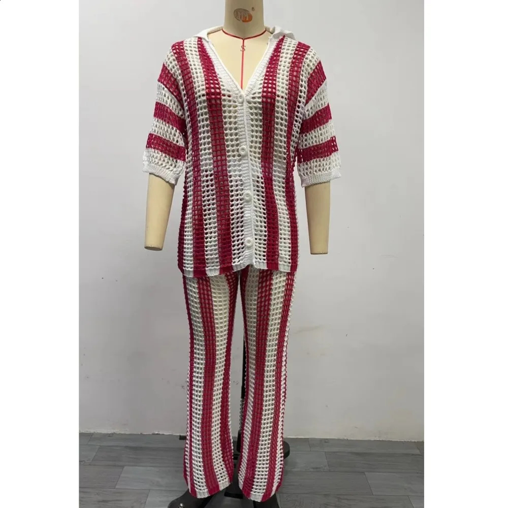 Women Hollow Knit Lapel Long-sleeve Suit Summer Striped Color Matching Loose Casual Knitted Wide Leg Pants 2piece Set Female 250411